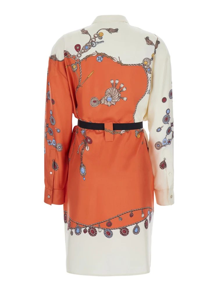multicolor Dress with all-over print and Medusa Head buckle belt at the waist in silk for women alternative