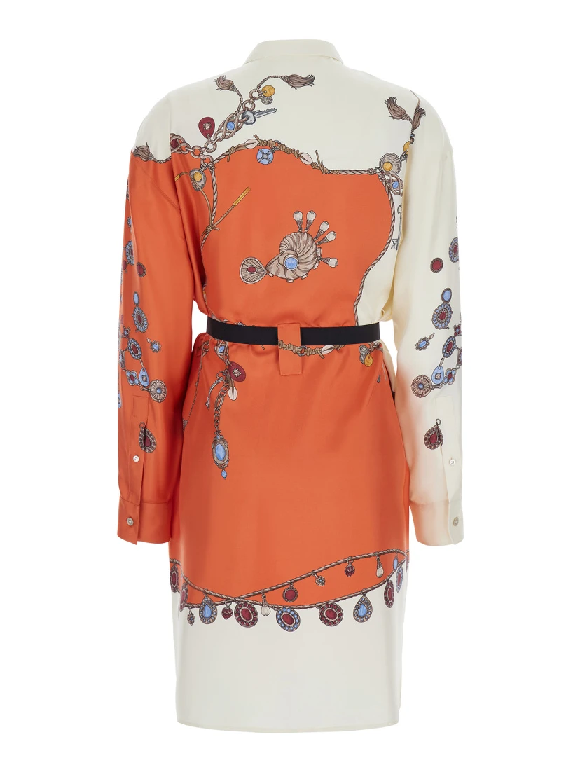 multicolor Dress with all-over print and Medusa Head buckle belt at the waist in silk for women