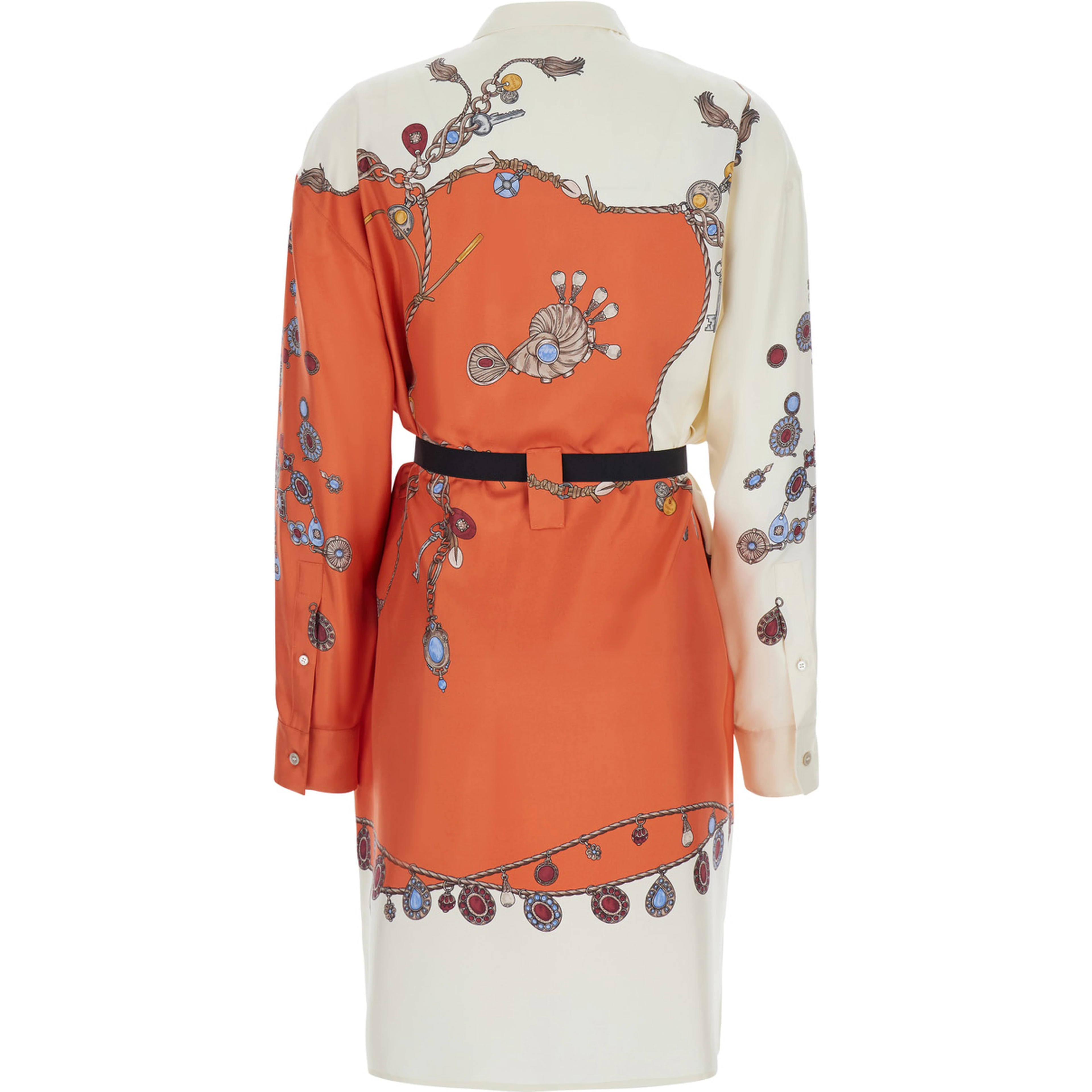 multicolor Dress with all-over print and Medusa Head buckle belt at the waist in silk for women