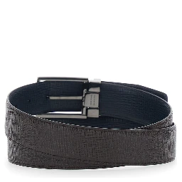 Brown Reversible Belt with Gancini Buckle in Grained Leather Men