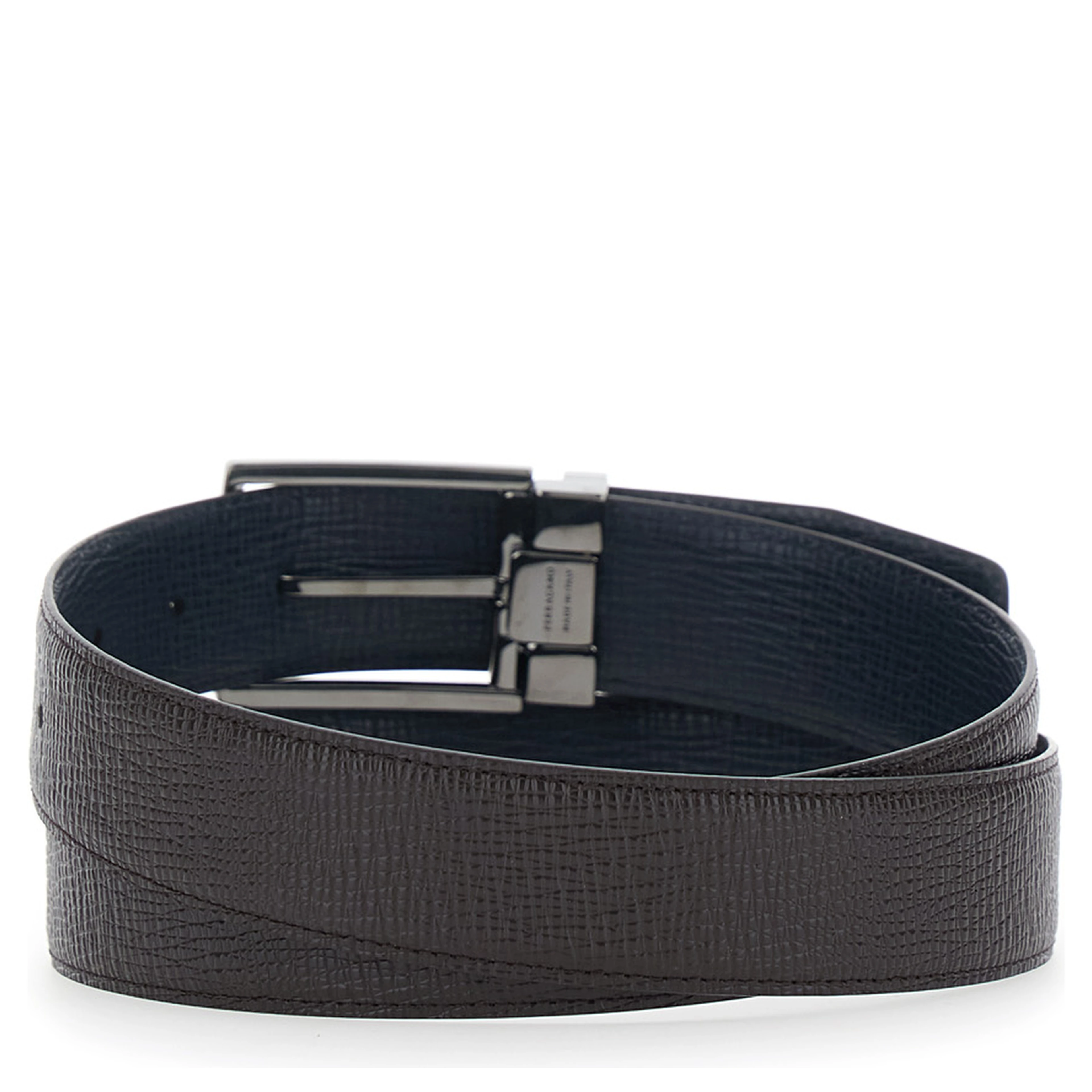 Brown Reversible Belt with Gancini Buckle in Grained Leather Men
