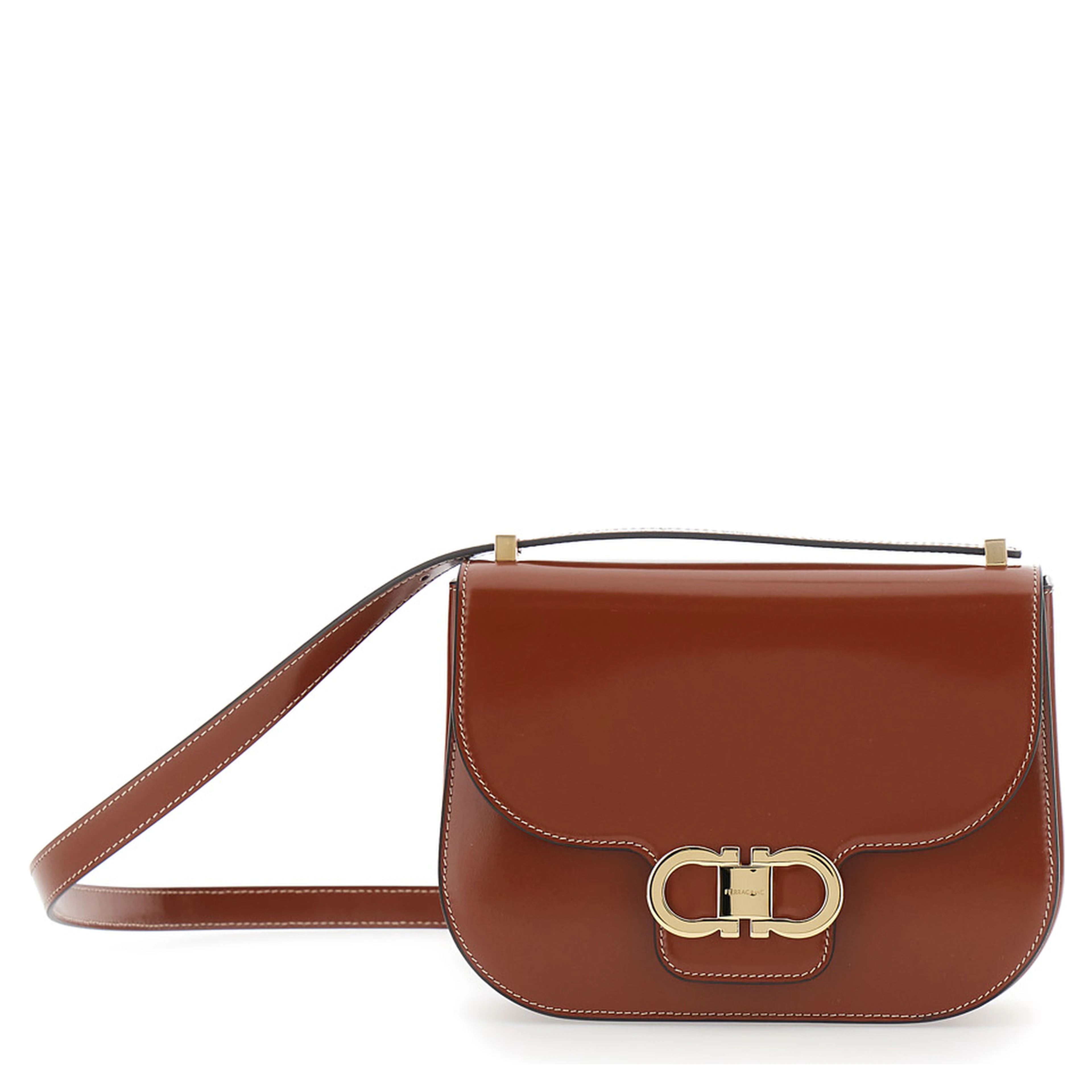 Brown crossbody bag with adjustable strap and Gancini plaque on the front in leather for women