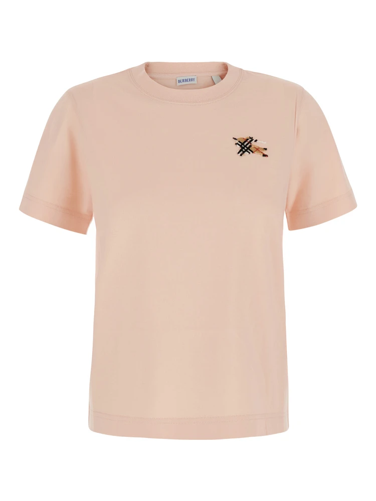 pink T-shirt with embroidered EKD logo on the front in cotton for women