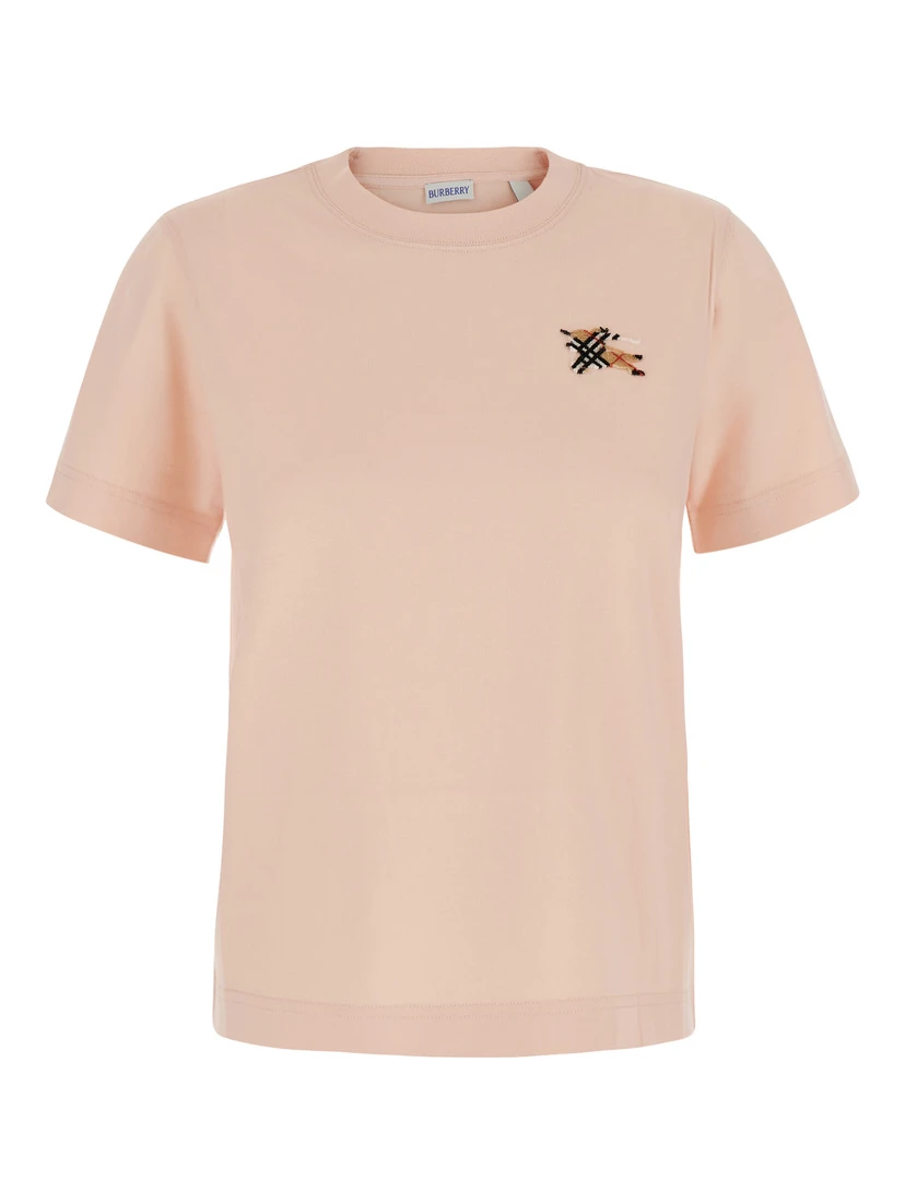 pink T-shirt with embroidered EKD logo on the front in cotton for women