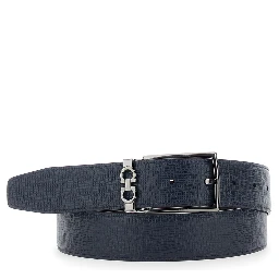 Brown Reversible Belt with Gancini Buckle in Grained Leather Men