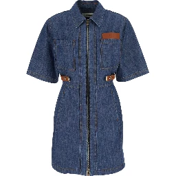 Blue Dress with classic collar and leather logo patch on the front in denim for women