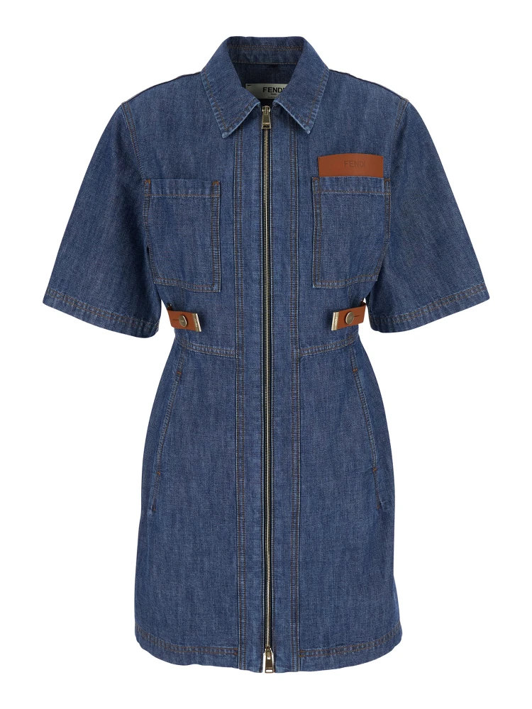 Blue Dress with classic collar and leather logo patch on the front in denim for women