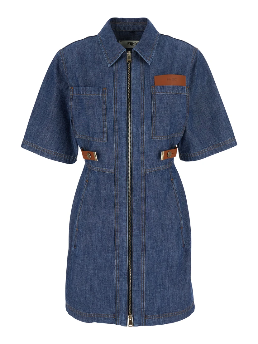 Blue Dress with classic collar and leather logo patch on the front in denim for women