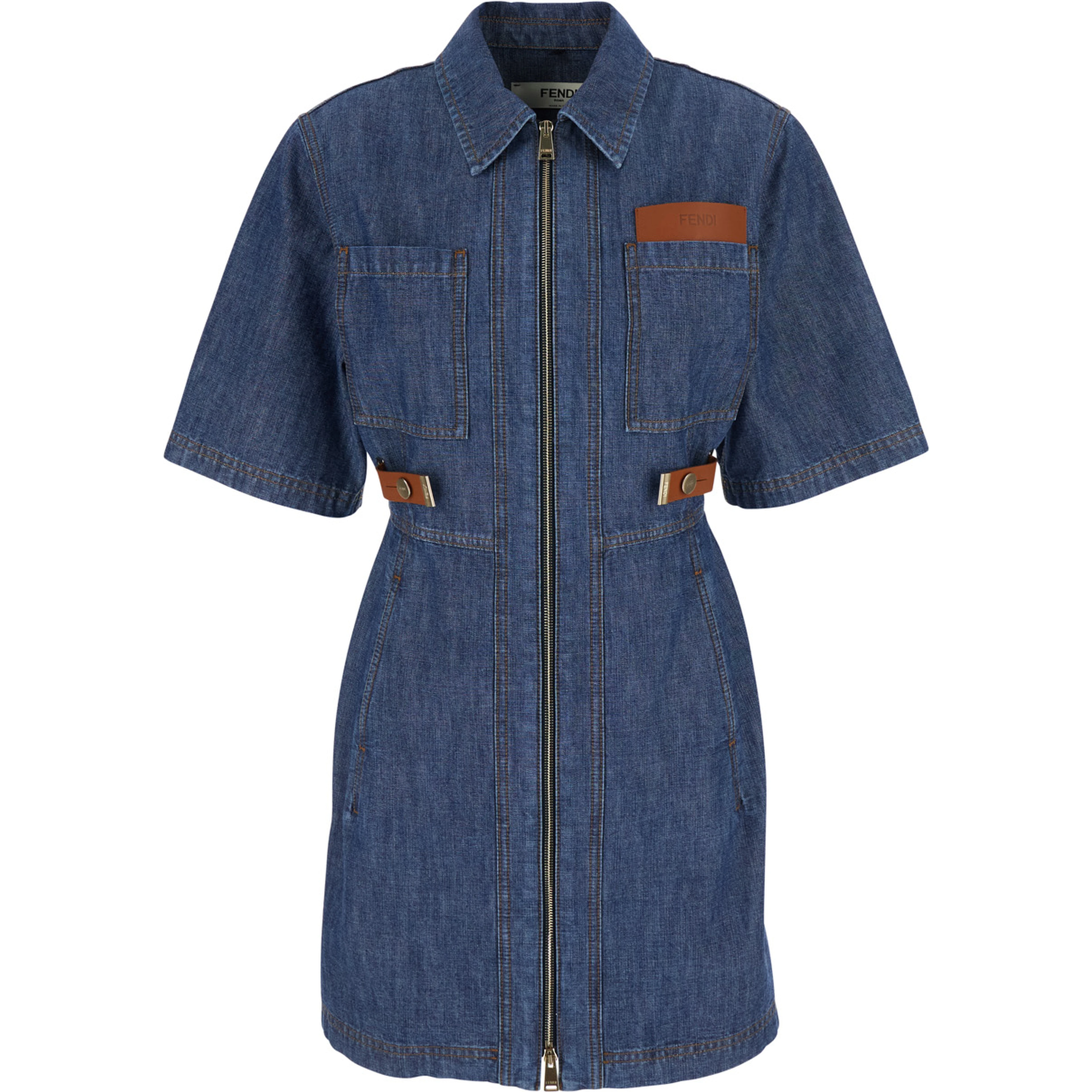 Blue Dress with classic collar and leather logo patch on the front in denim for women