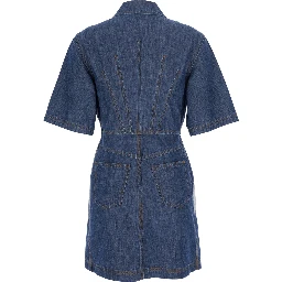 Blue Dress with classic collar and leather logo patch on the front in denim for women