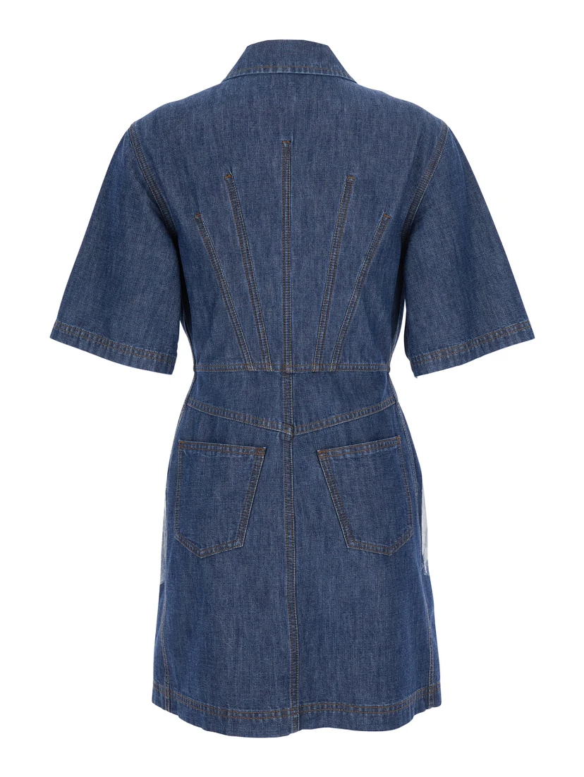 Blue Dress with classic collar and leather logo patch on the front in denim for women