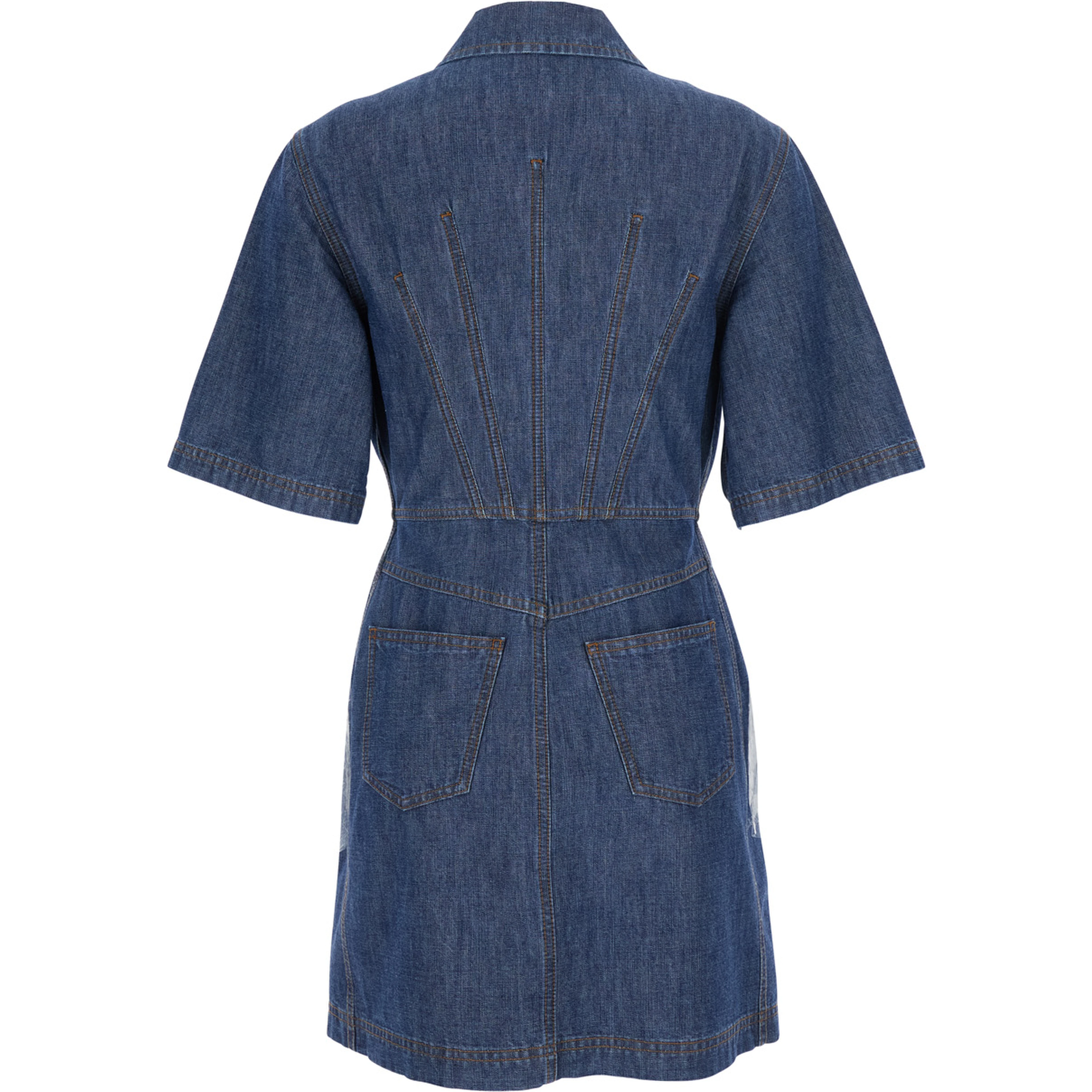 Blue Dress with classic collar and leather logo patch on the front in denim for women