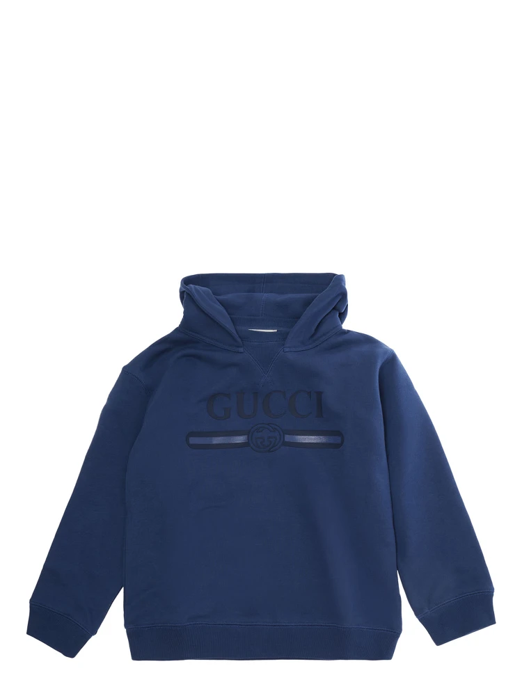 Blue Hoodie with fixed hood and logo lettering on the front in cotton Boy
