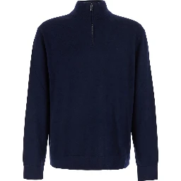 Blue Sweater with half zip closure and high collar in wool for men