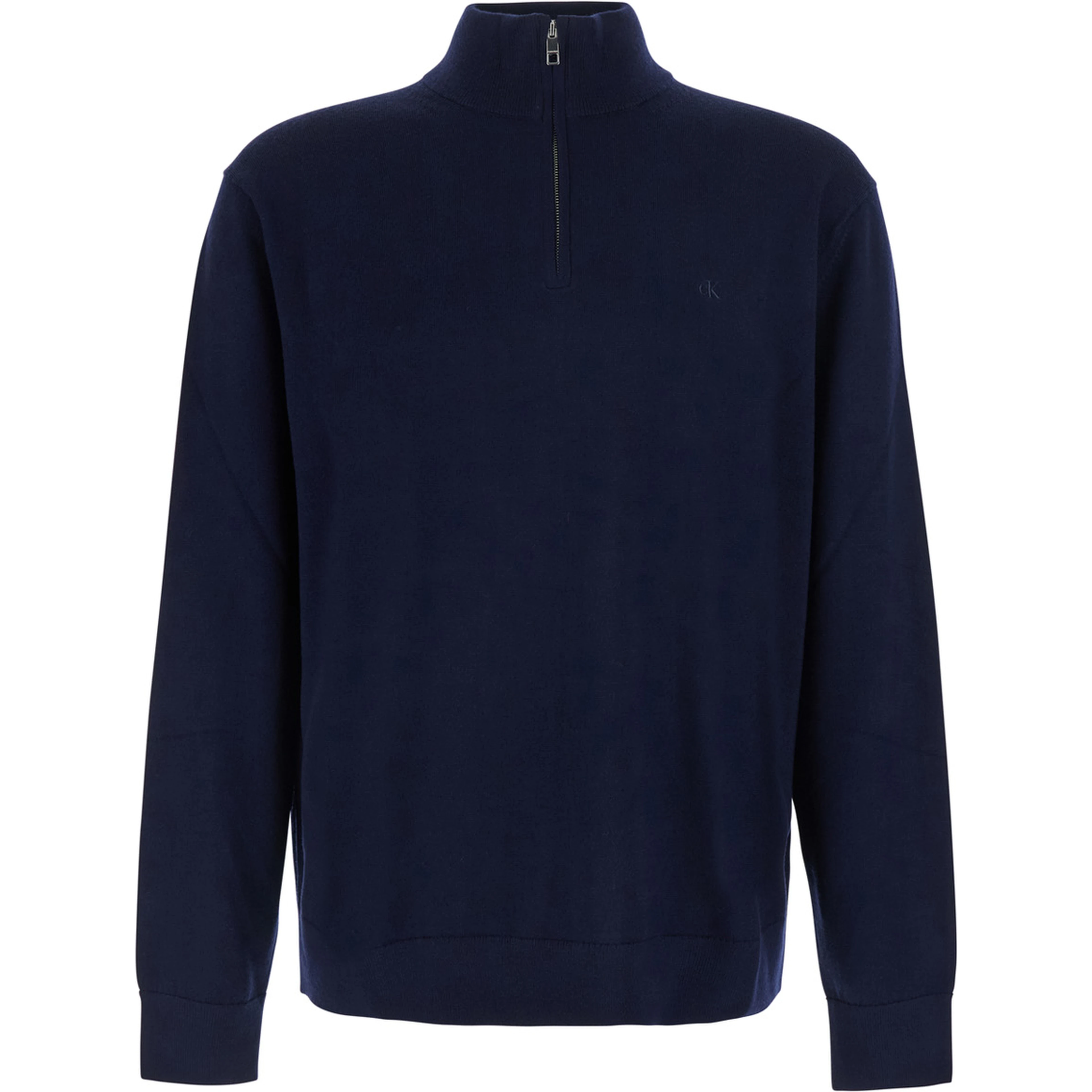 Blue Sweater with half zip closure and high collar in wool for men