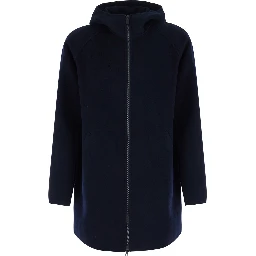 Blue Jacket with fixed hood and Front Zip Closure in Wool for men