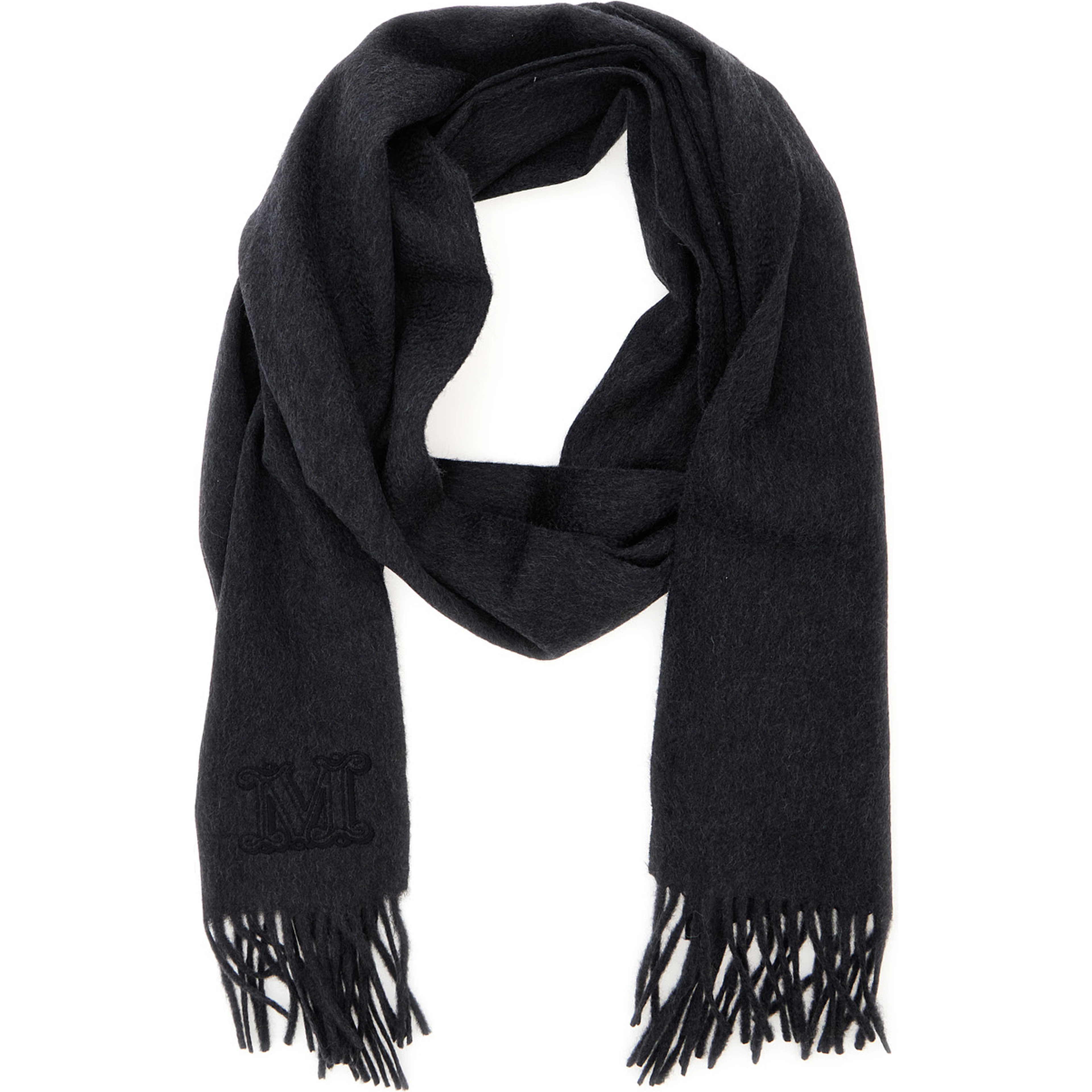 Dalia Gray scarf with logo embroidery on the front and frayed edges in cashmere for women