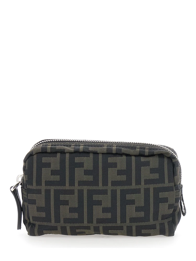 Brown Pouch with Zip Closure in FF Canvas for Men