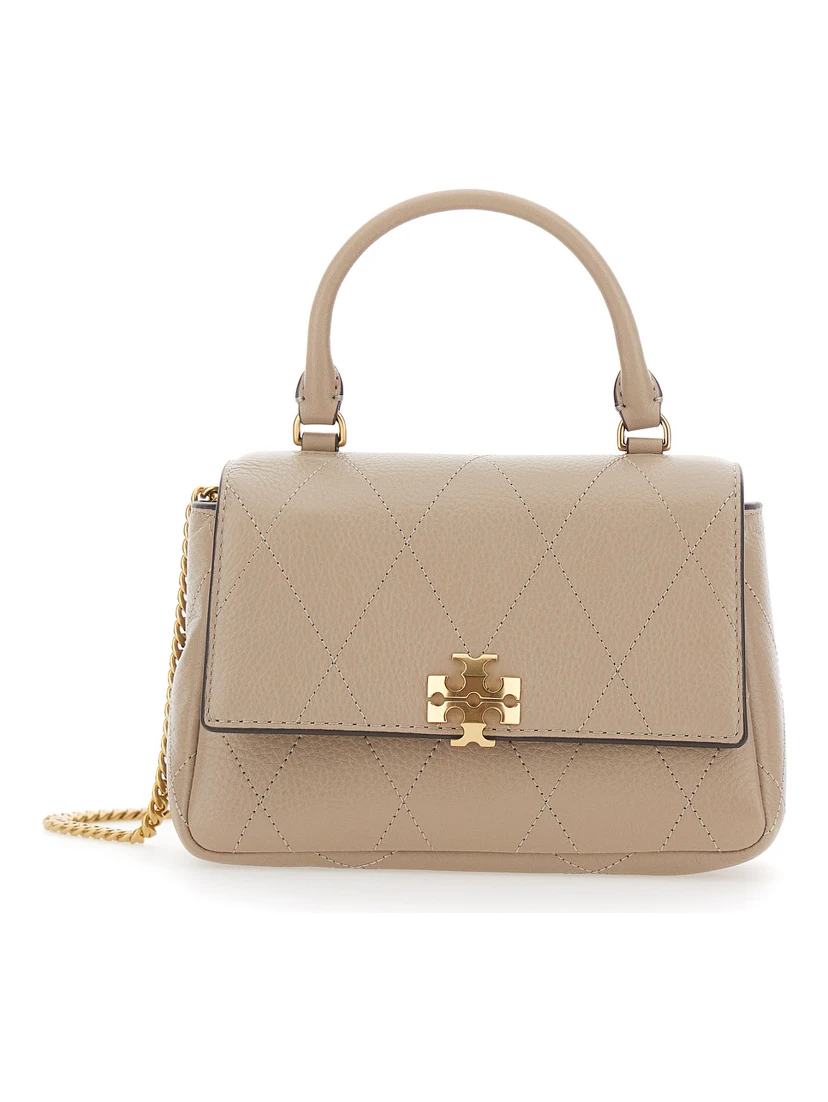 Charlie Beige Mini Bag with Chain Strap and Logo Plate on Front in Quilted Leather for Women