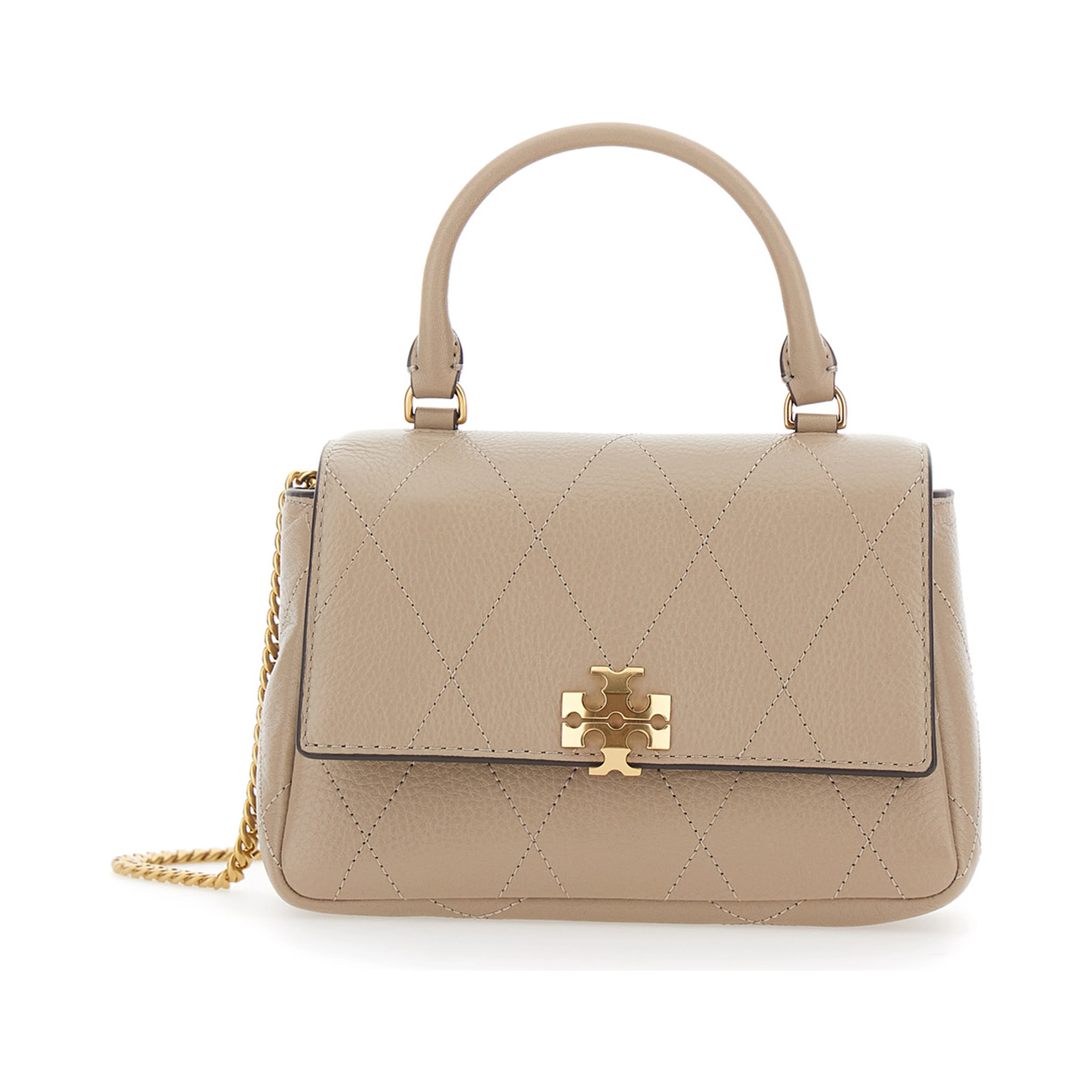 Charlie Beige Mini Bag with Chain Strap and Logo Plate on Front in Quilted Leather for Women