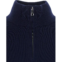 Blue Sweater with half zip closure and high collar in wool for men