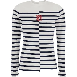 Black and White Long-Sleeve Crew Neck T-Shirt with Asymmetric Design and All-Over Stripe Motif in in Cotton Blend for Women