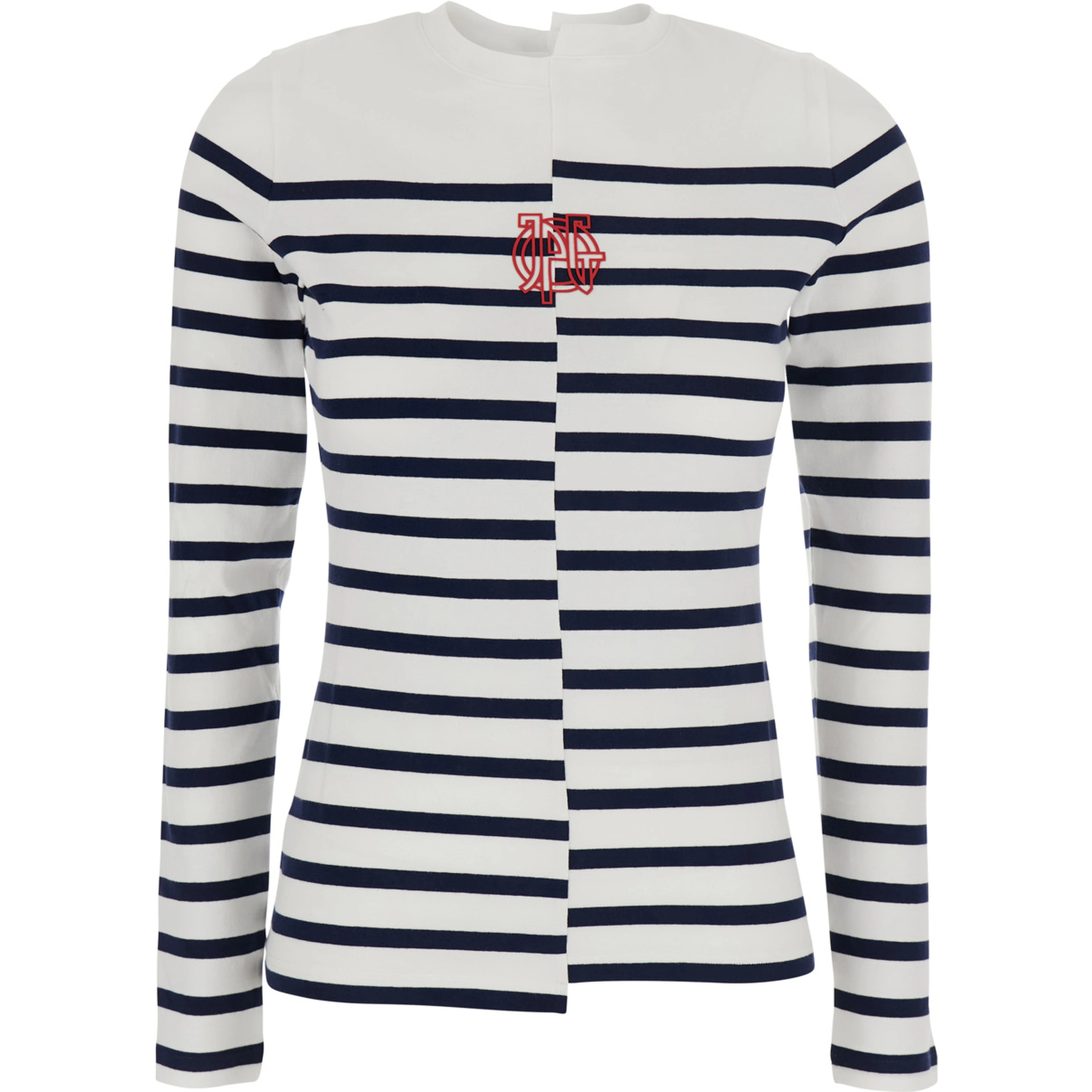 Black and White Long-Sleeve Crew Neck T-Shirt with Asymmetric Design and All-Over Stripe Motif in in Cotton Blend for Women