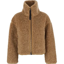 Beige shearling jacket with high neck and two patch pockets on the front in ecofur for women