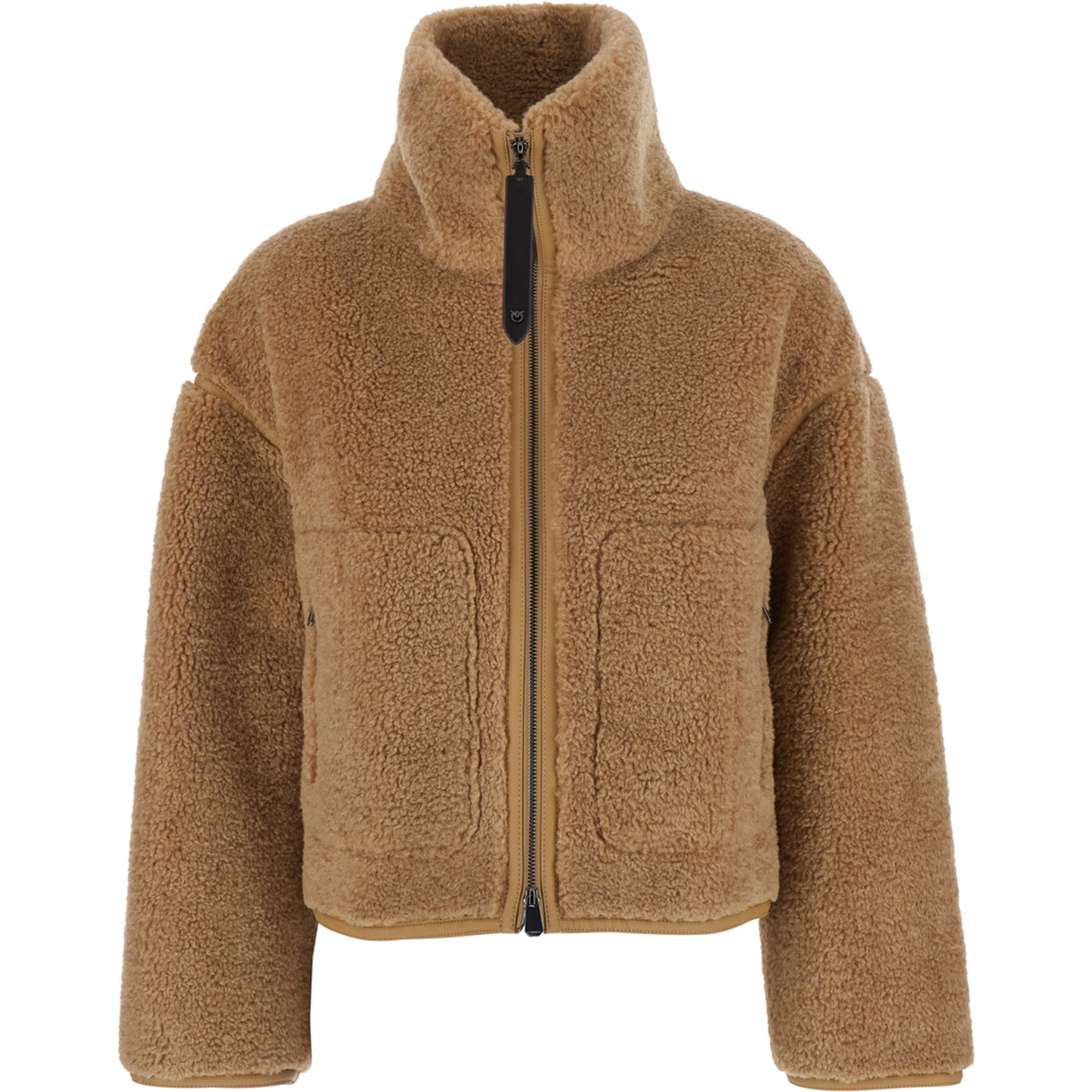 Beige shearling jacket with high neck and two patch pockets on the front in ecofur for women
