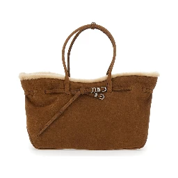 Shoulder bag with zip closure in beige shearling for women