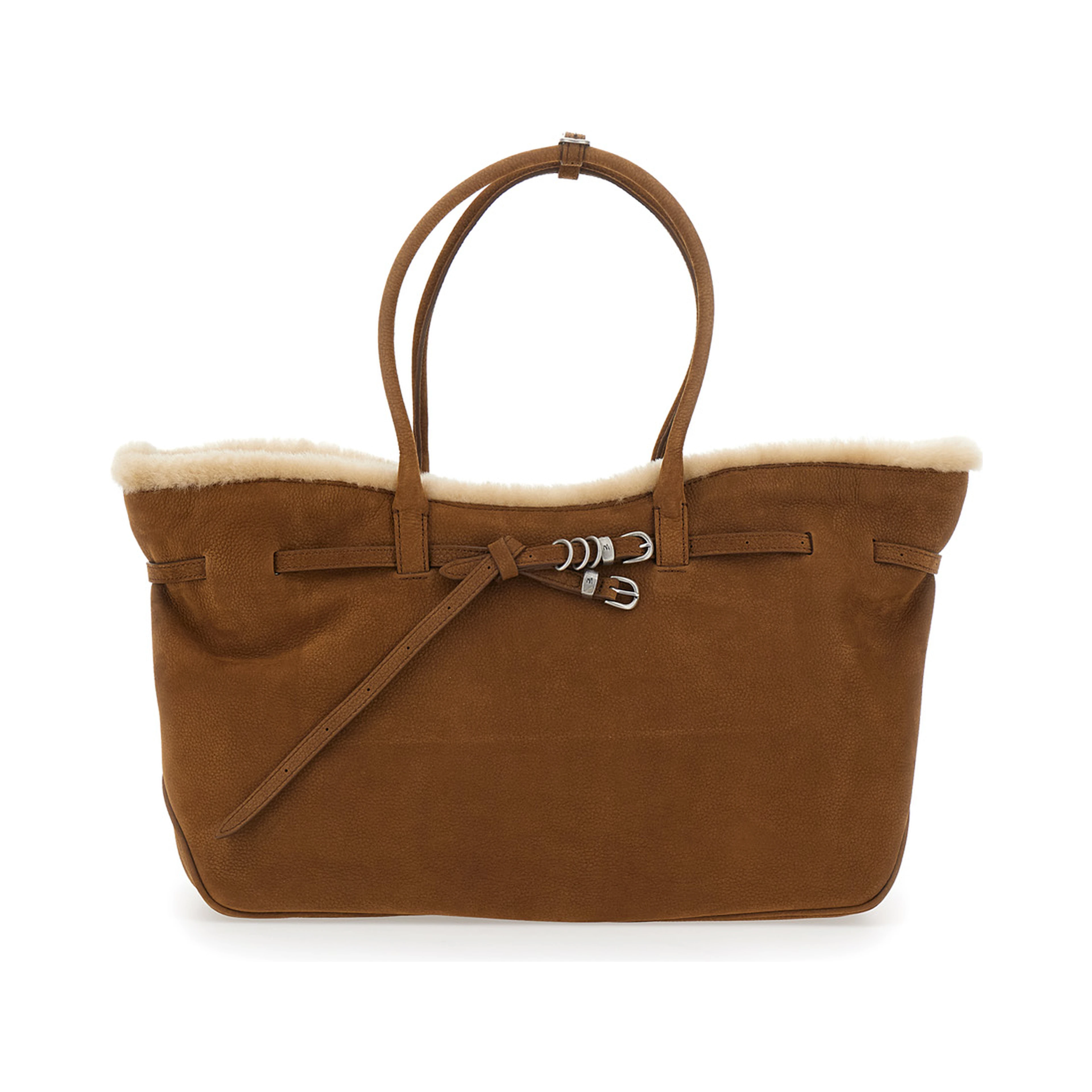 Shoulder bag with zip closure in beige shearling for women
