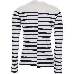 Black and White Long-Sleeve Crew Neck T-Shirt with Asymmetric Design and All-Over Stripe Motif in in Cotton Blend for Women