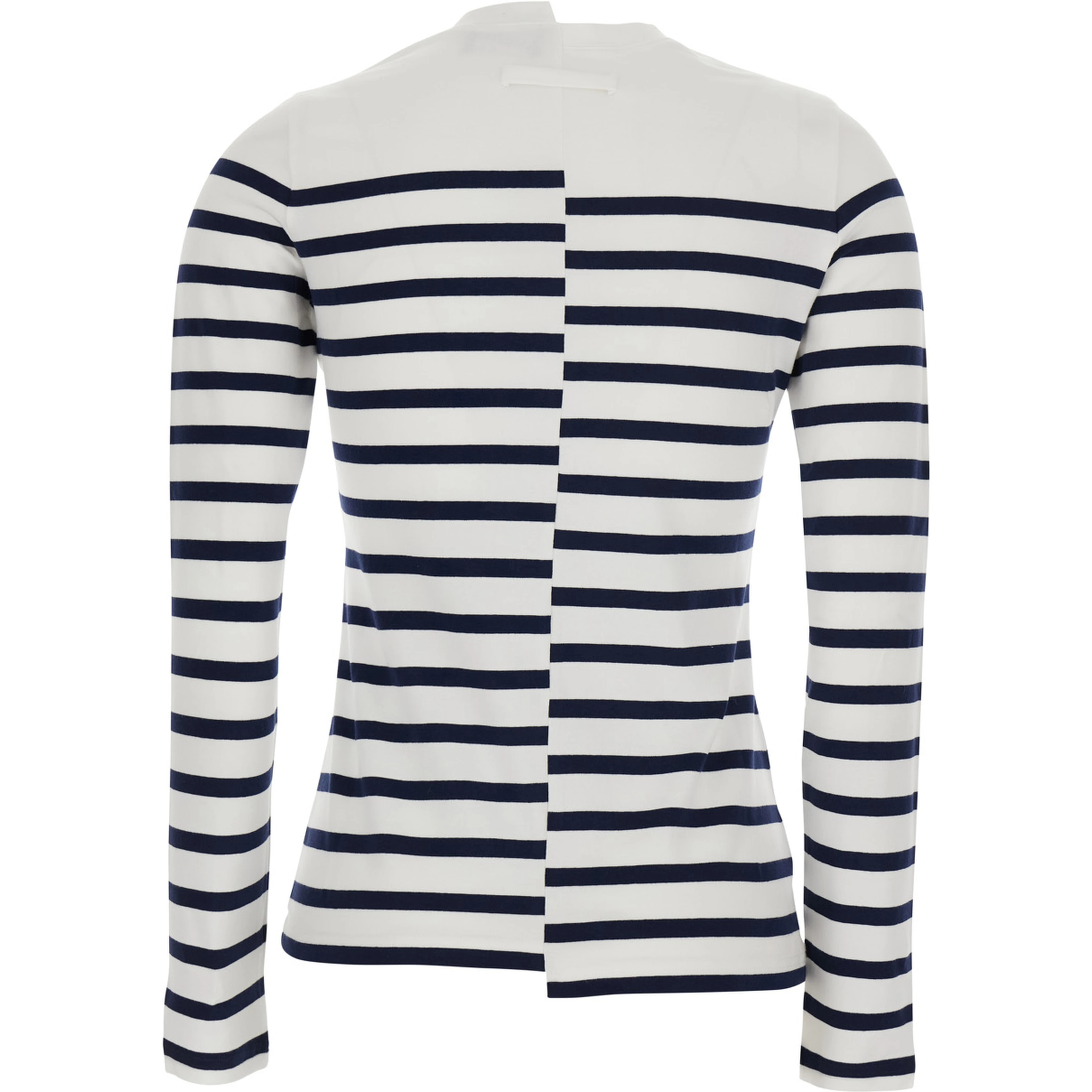 Black and White Long-Sleeve Crew Neck T-Shirt with Asymmetric Design and All-Over Stripe Motif in in Cotton Blend for Women