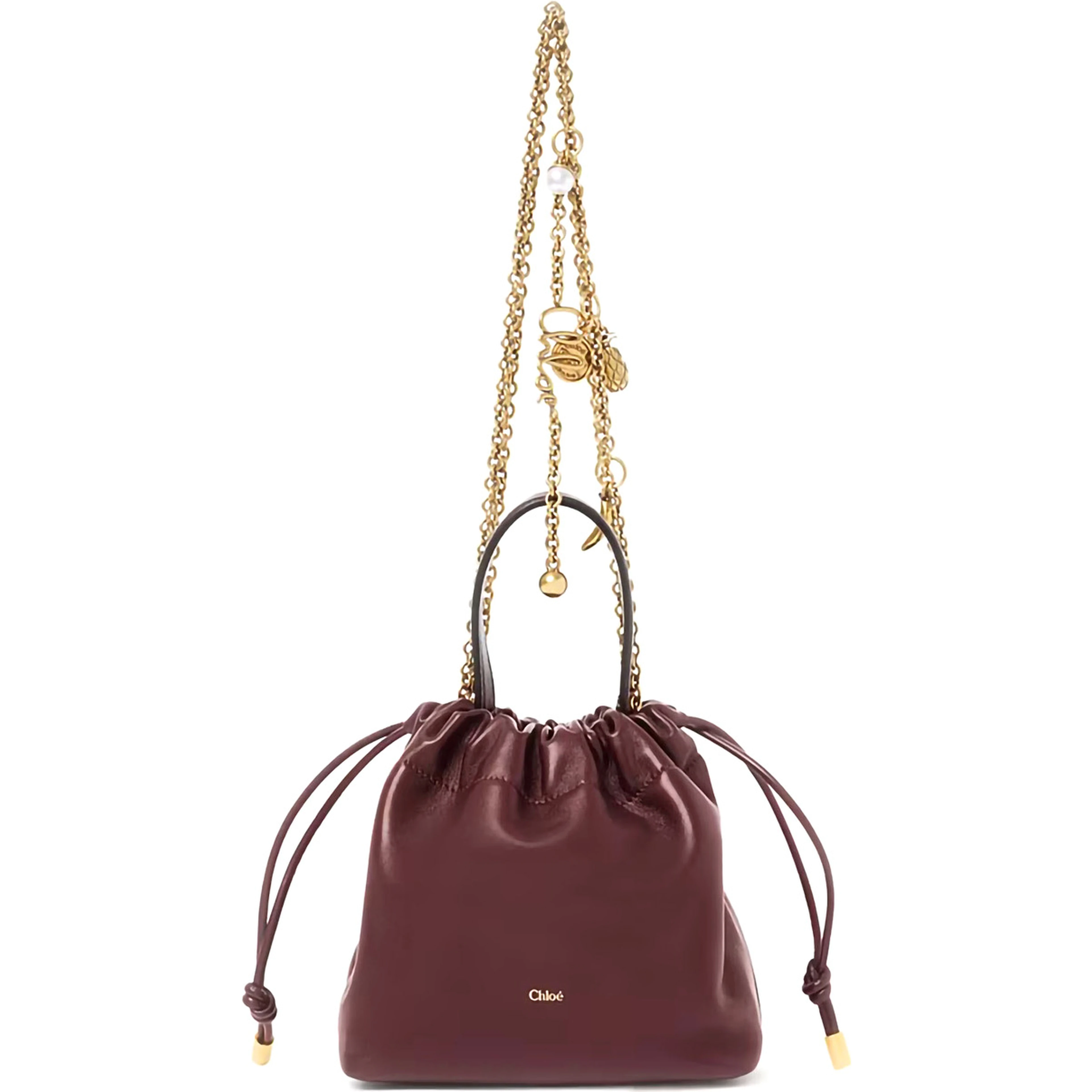 Icon Bordeaux handbag with sliding chain shoulder strap and charm in leather for women