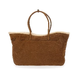 Shoulder bag with zip closure in beige shearling for women