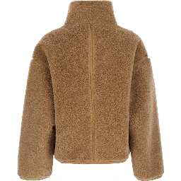 Beige shearling jacket with high neck and two patch pockets on the front in ecofur for women