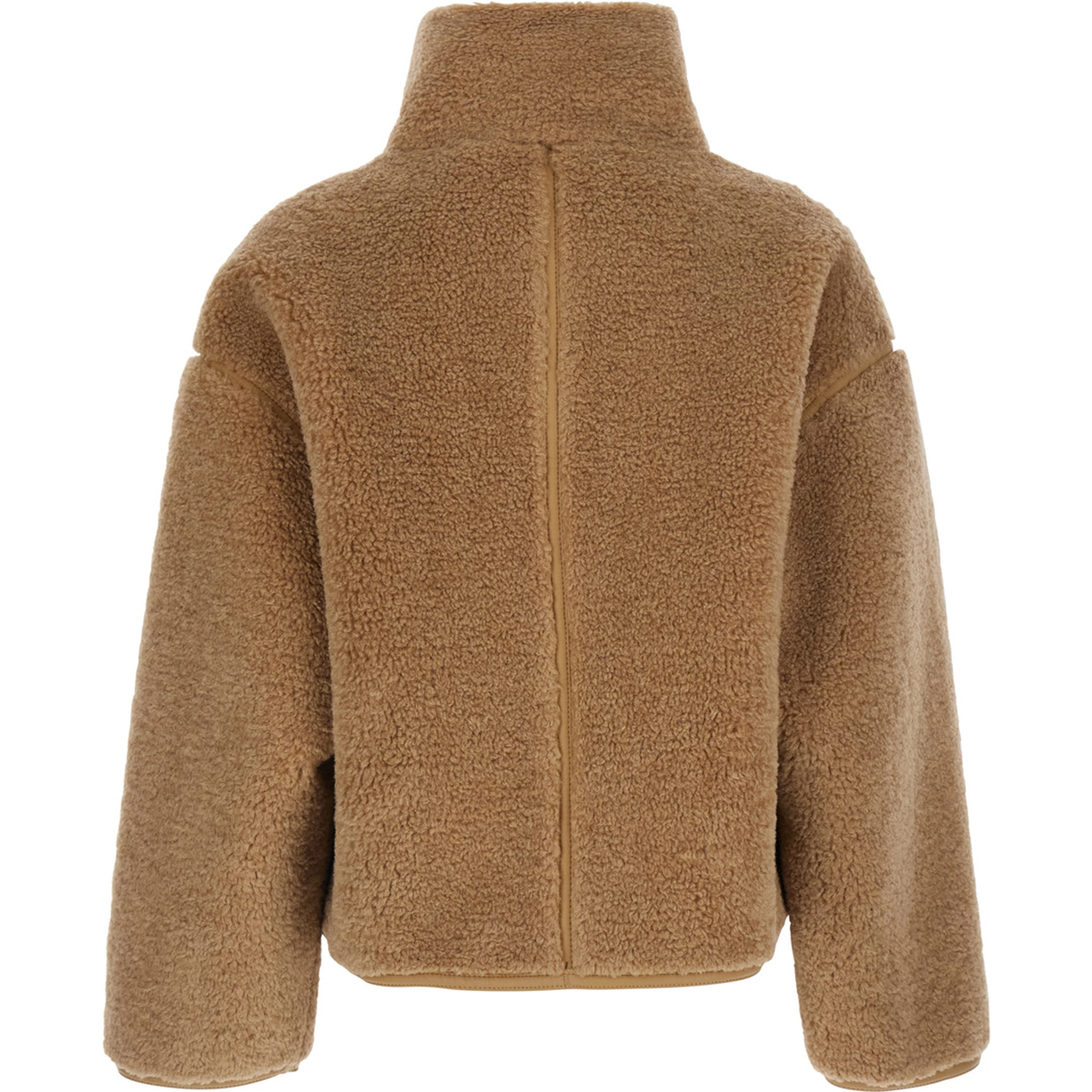 Beige shearling jacket with high neck and two patch pockets on the front in ecofur for women