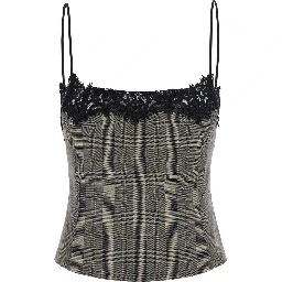Gray Top with neckline with lace details and check motif all-over in blend wool for women