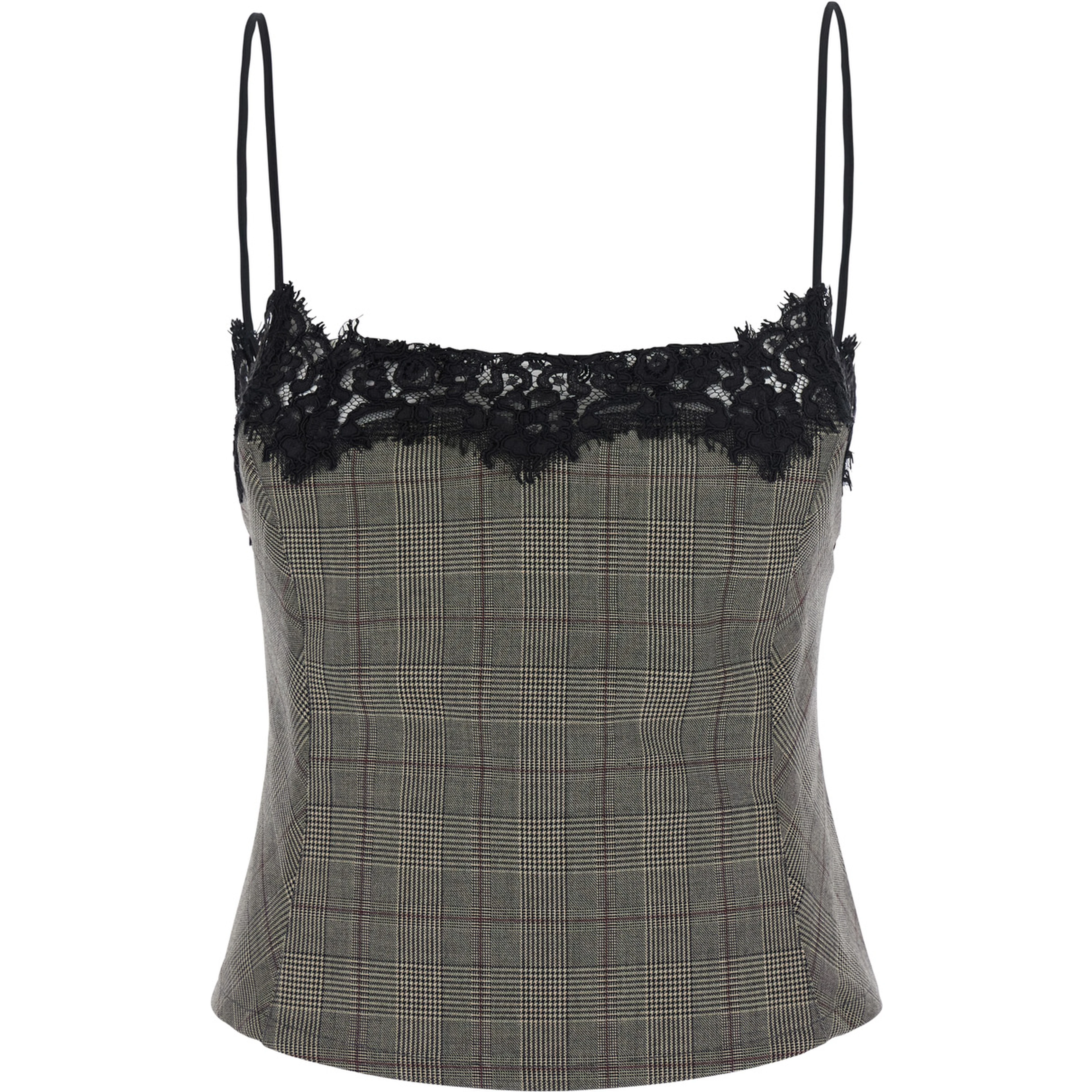Gray Top with neckline with lace details and check motif all-over in blend wool for women
