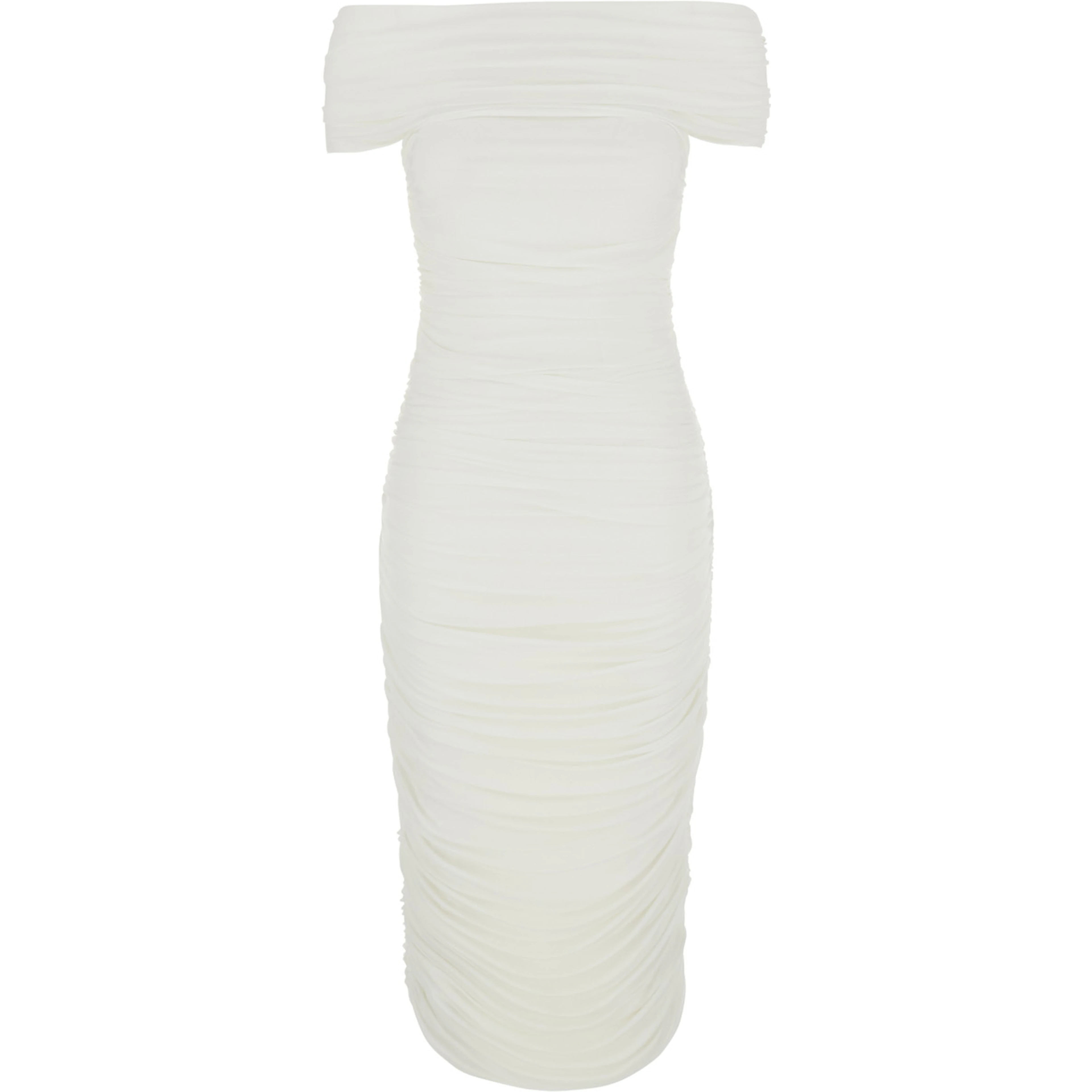 White Dress with Square Neck and Ruching Design in Tech Fabric Women