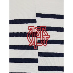 Black and White Long-Sleeve Crew Neck T-Shirt with Asymmetric Design and All-Over Stripe Motif in in Cotton Blend for Women