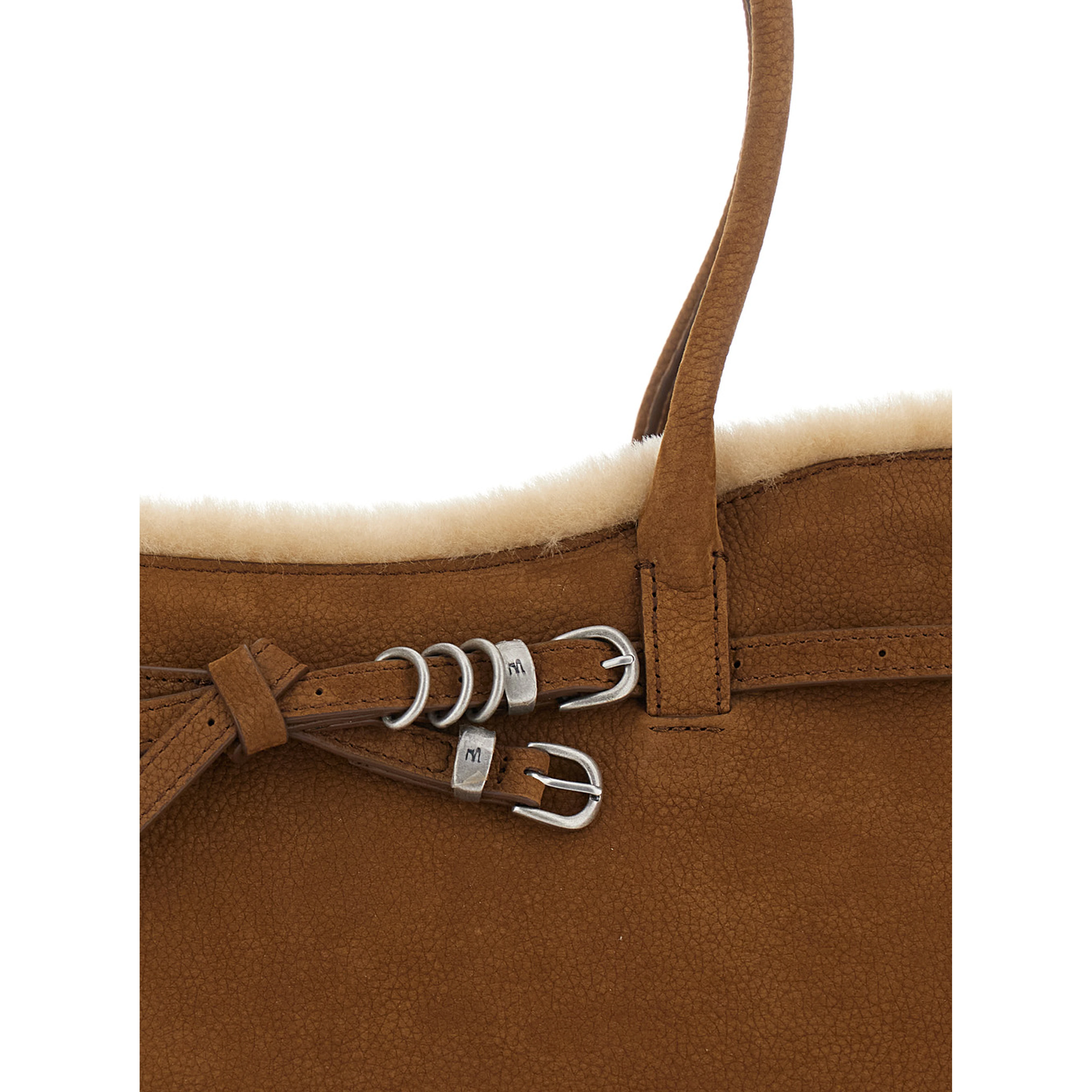 Shoulder bag with zip closure in beige shearling for women