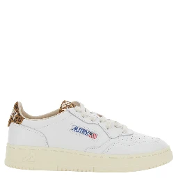 Medalist White Low Top Sneaker with Logo Patch on Tongue and Leopard Motif in Leather Women