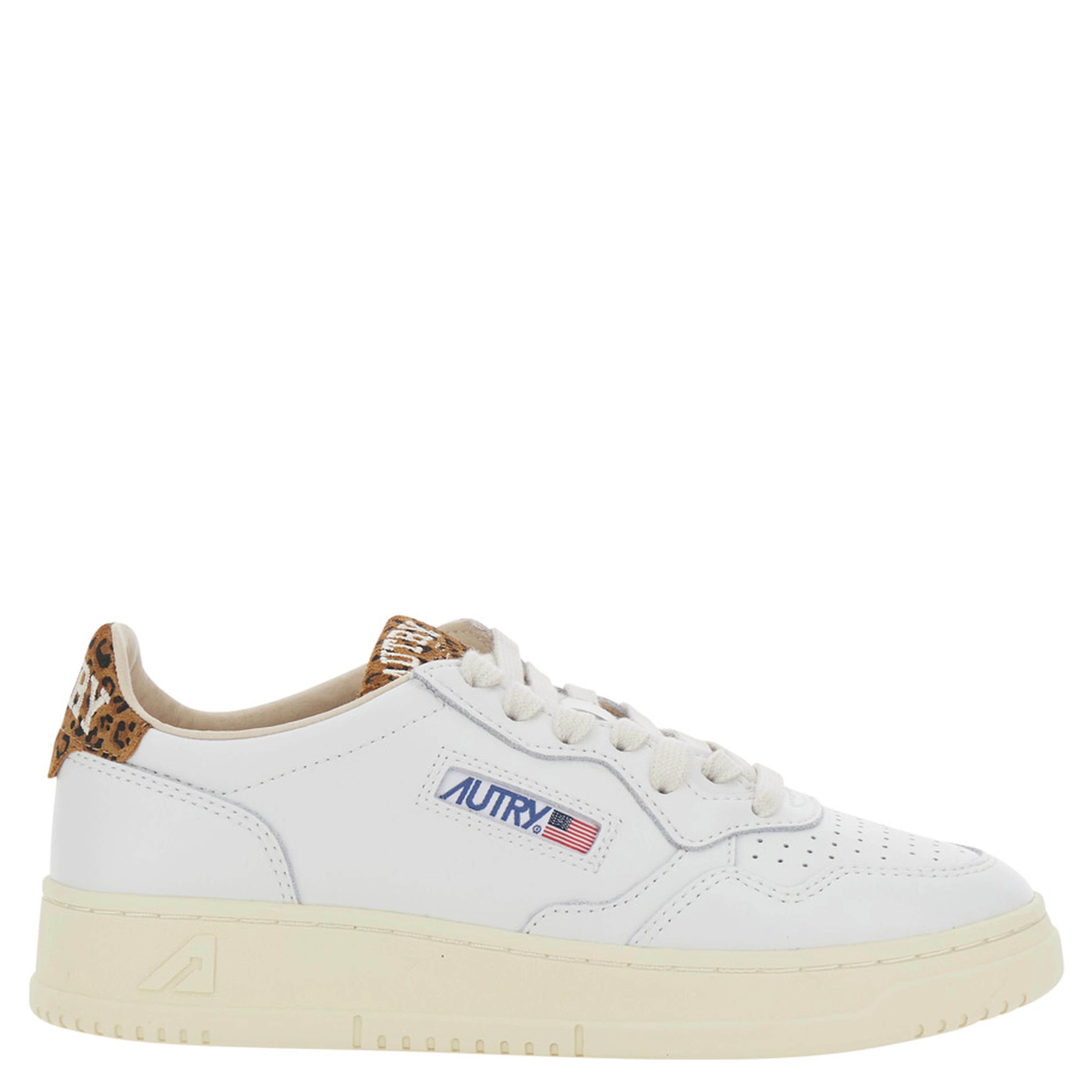 Medalist White Low Top Sneaker with Logo Patch on Tongue and Leopard Motif in Leather Women