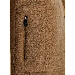 Beige shearling jacket with high neck and two patch pockets on the front in ecofur for women