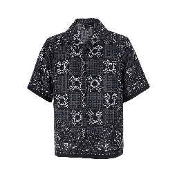 Black Bowling Shirt with Cuban Collar and All-Over Geometric Print in Silk for Men