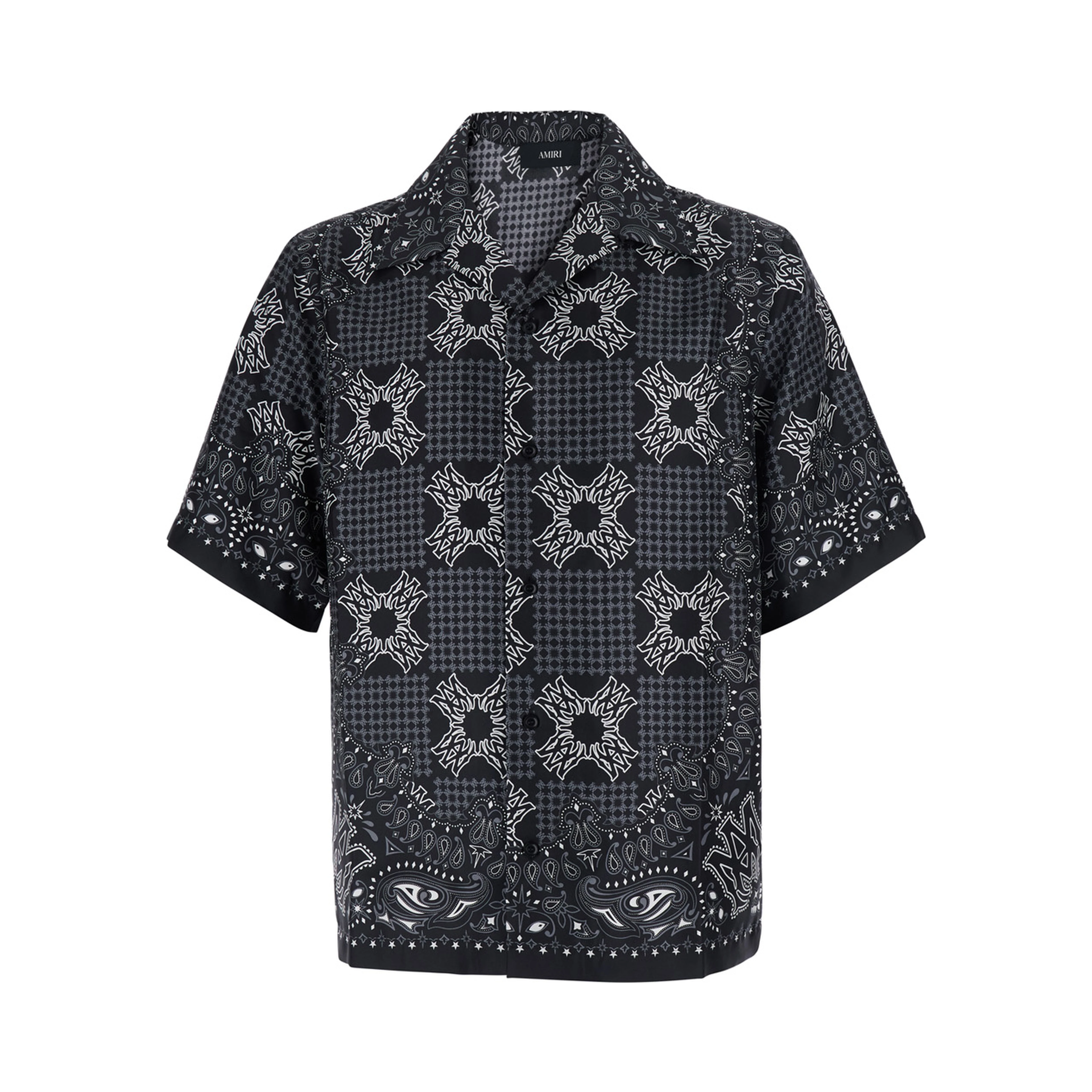 Black Bowling Shirt with Cuban Collar and All-Over Geometric Print in Silk for Men