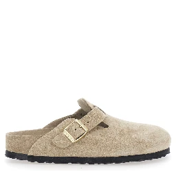 Boston Beige Mules with Buckle and Rounded Toe in Suede for Women