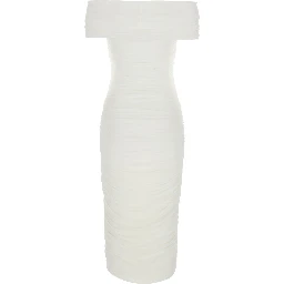 White Dress with Square Neck and Ruching Design in Tech Fabric Women
