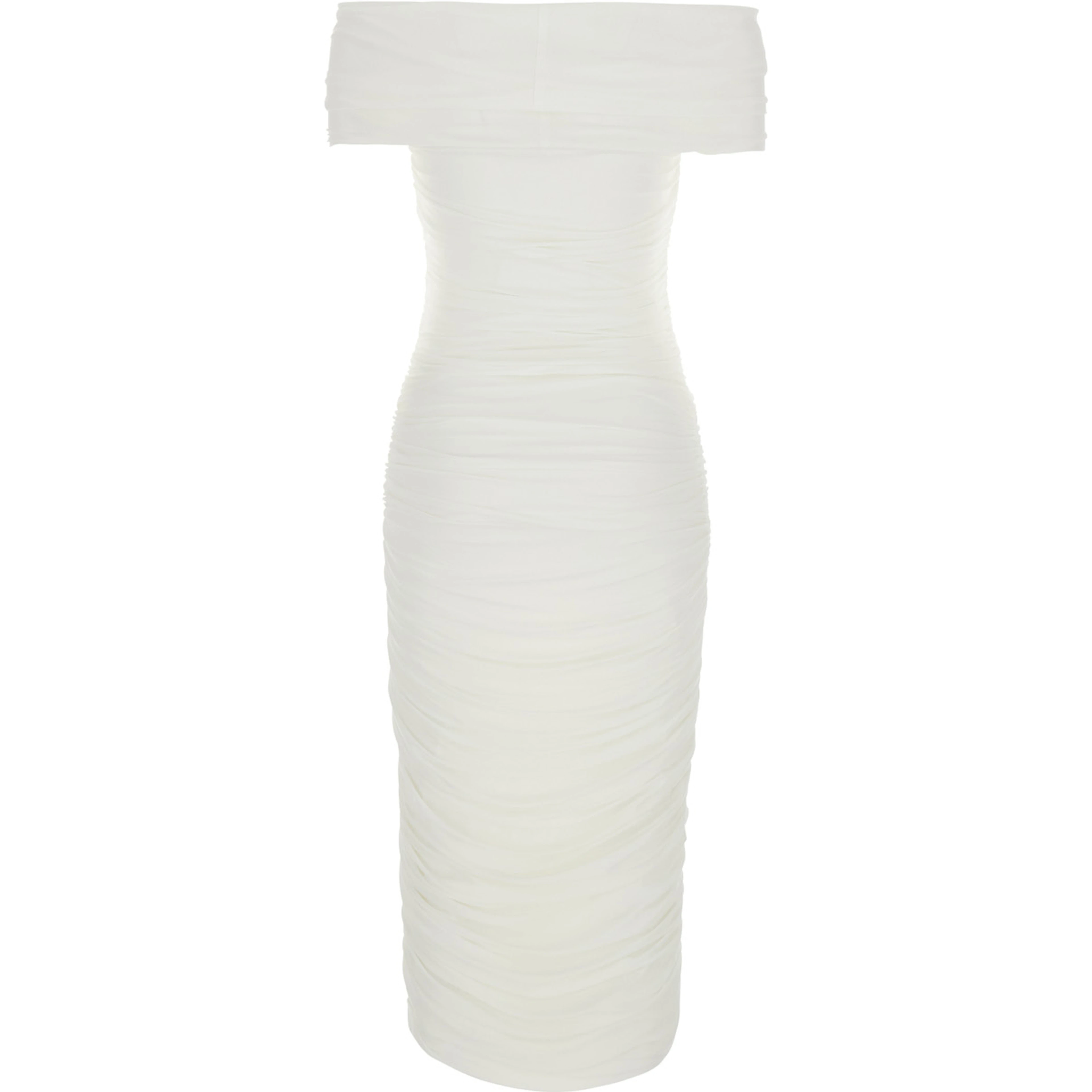 White Dress with Square Neck and Ruching Design in Tech Fabric Women